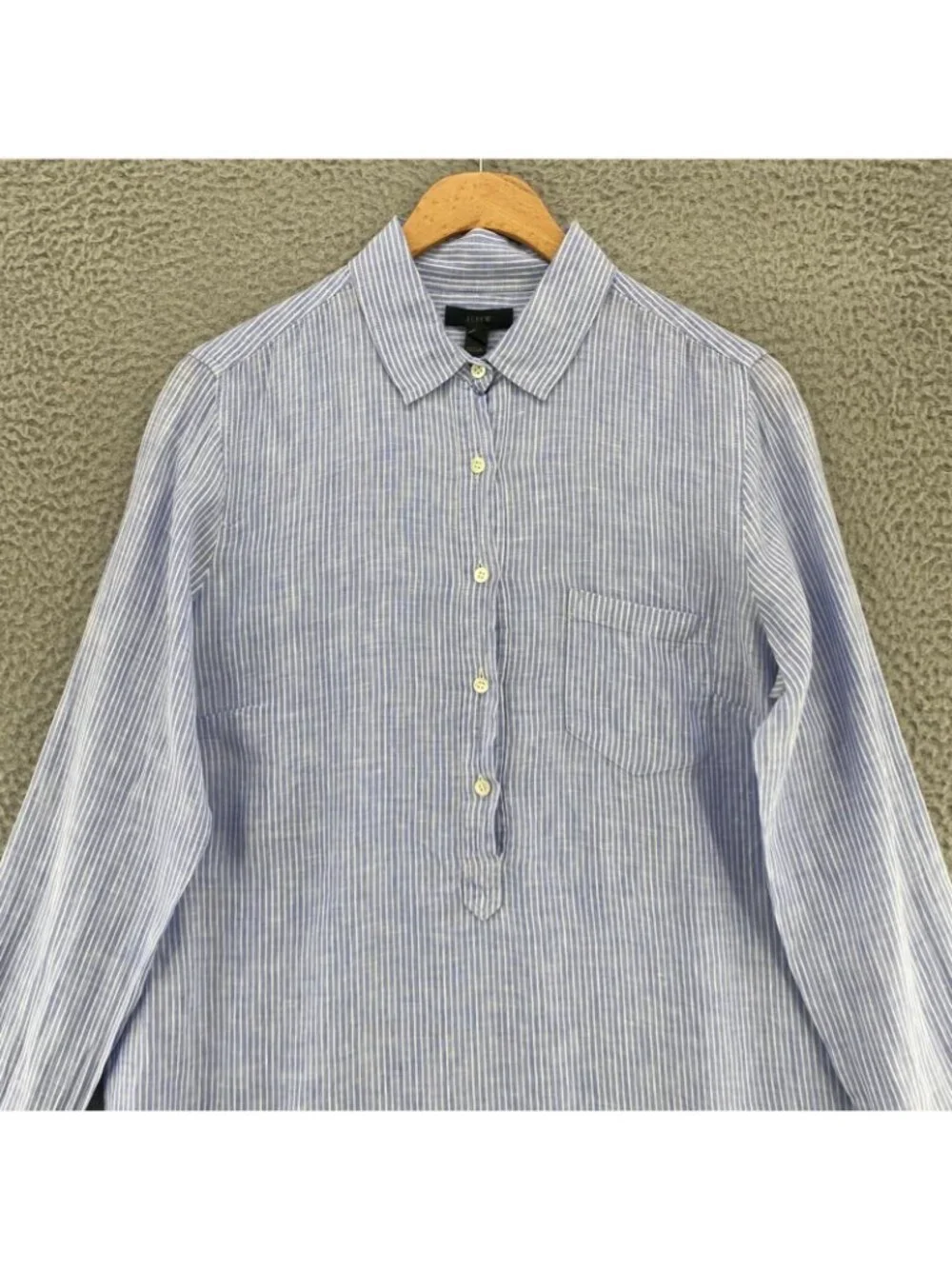 J Crew Top Womens 8 Blue Striped Linen 3/4 Button Popover Long Sleeve Collared